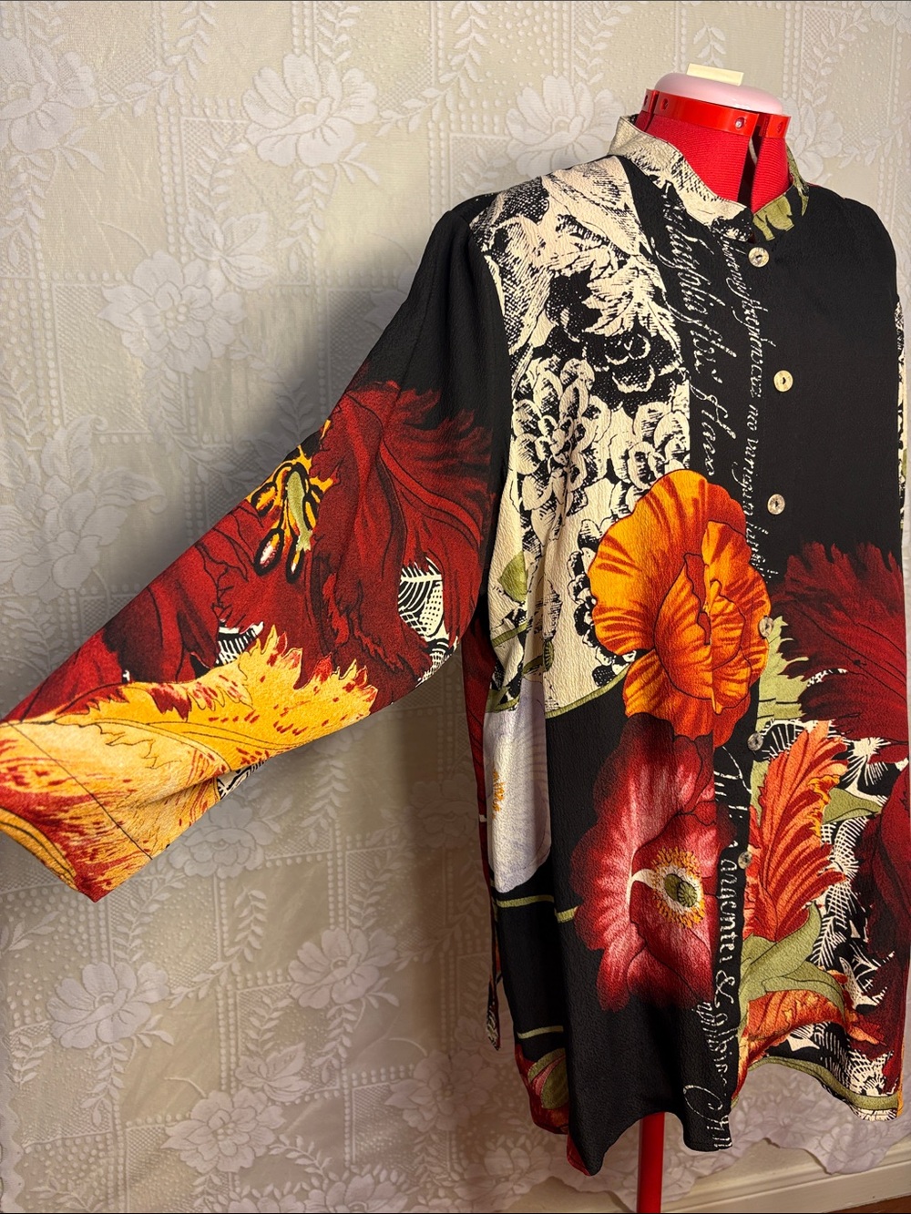 *New* Citron 100% Silk Vintage Black Button-Front Poppy Floral Shirt Tunic - Picture 5 of 16